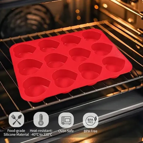 12-Vak Hartvormige Siliconen Bakvorm Food Grade Anti-aanbak DIY Bakplaat Rood Hart Muffin Cupcake Vorm Keuken Bakbenodigdheden