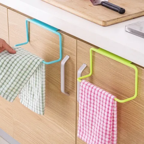 Punch-Free Kitchen Cabinet Door Towel Rack Single Pole Rag Hanging Holder Over-The-Door Storage Organizer Hook Rack