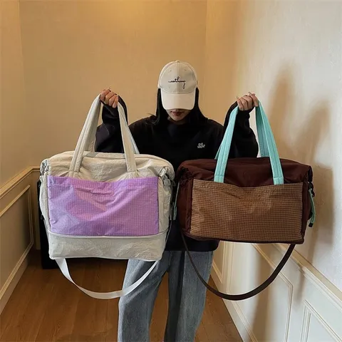 Bolso de Viaje de Nylon de Gran Capacidad Patrón de Cuadrícula Separación Seco Húmedo Bolso de Gimnasio para Mujer Hombre Bolso de Equipaje