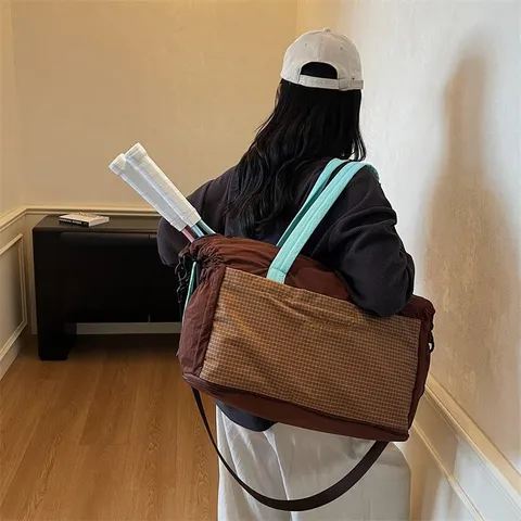 Bolso de Viaje de Nylon de Gran Capacidad Patrón de Cuadrícula Separación Seco Húmedo Bolso de Gimnasio para Mujer Hombre Bolso de Equipaje