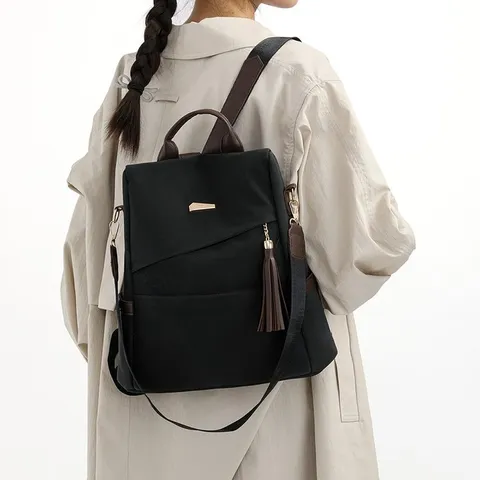 Women Anti-theft Backpack Faux Leather Large Capacity Travel Bag Tassel Decor Fashion Shoulder Backpack Commuter School Bag