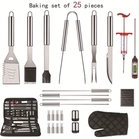 Professional Stainless Steel BBQ Grill Tools Portable Outdoor Barbecue Accessories With Storage Bag Thermometer Grilling Utensils