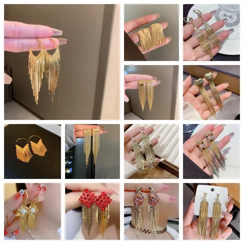 Korean Style Long Tassel Drop Earrings For Women 925 Sterling Silver Earring Post Rhinestone Inlaid Geometric Jewelry