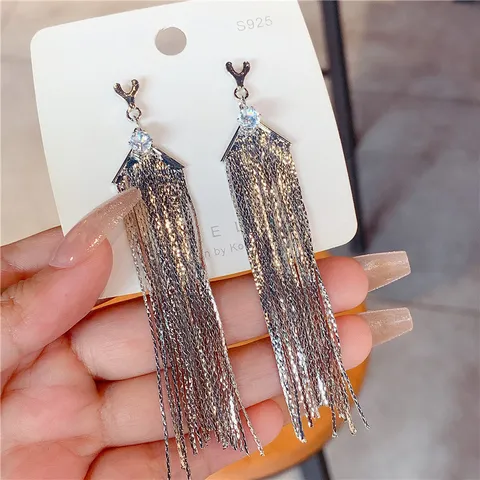 Long Tassel Drop Earrings For Women Luxury Rhinestone Inlaid Jewelry Geometric Heart Shape 925 Sterling Silver Post Earrings