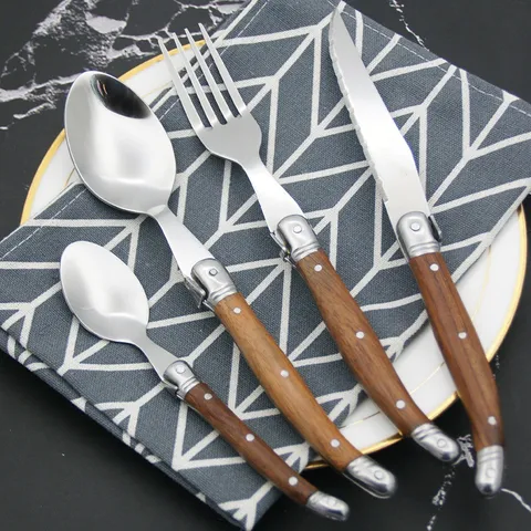 Laguiole Style Stainless Steel Rosewood Handle Cutlery Dinnerware Steak Knife Fork Soup Spoon Teaspoon Vintage French Tableware