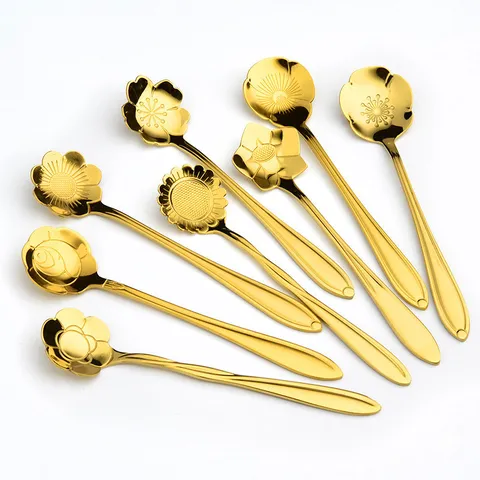 Stainless Steel Flower Coffee Spoon Set Cute Floral Dessert Mixing Spoons Gold Silver Rose Gold Colorful Tableware