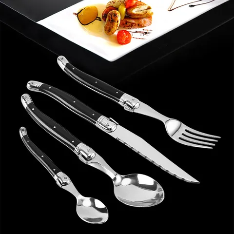 Laguiole Stil Edelstahl Besteck Set Schwarzer Kunststoffgriff Steakmesser Gabel Löffel Spiegelpoliert Westliches Geschirr