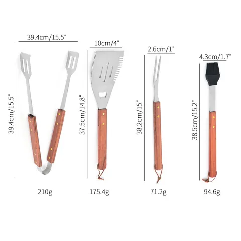 Stainless Steel BBQ Grill Spatula Fork Tongs with Wood Handle Outdoor Picnic Barbecue Cooking Tool Accessories with Bottle Opener