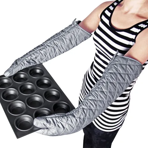 Heat Resistant Extra Long Oven Mitts Quilted Cotton Insulated Gloves For Kitchen BBQ Baking Silver Gray Protective Gear