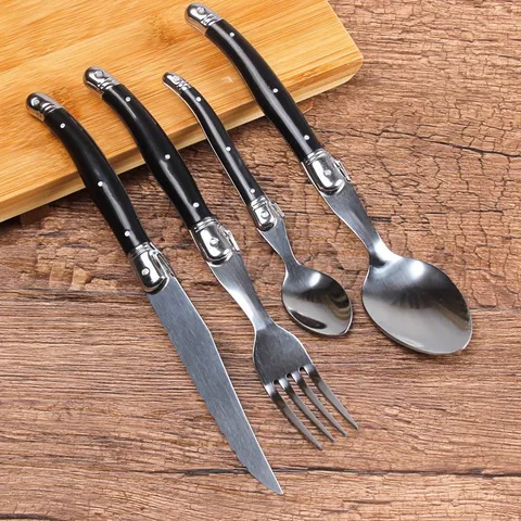 Laguiole Stil Edelstahl Besteck Set Schwarzer Kunststoffgriff Steakmesser Gabel Löffel Spiegelpoliert Westliches Geschirr