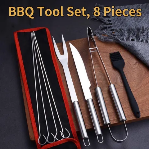 Stainless Steel BBQ Grill Tools Kit Tongs Fork Knife Skewers Silicone Brush With Portable Carrying Bag For Outdoor Camping Barbecue Party