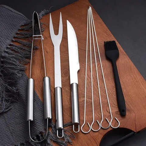 Stainless Steel BBQ Grill Tools Kit Tongs Fork Knife Skewers Silicone Brush With Portable Carrying Bag For Outdoor Camping Barbecue Party