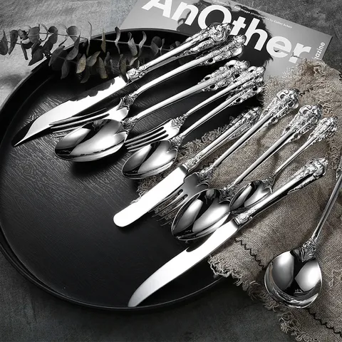 Cubertería Vintage de Acero Inoxidable 304 Con Relieve Real Grabado Cuchillo Tenedor Cuchara Cucharón Sopera Vajilla Occidental