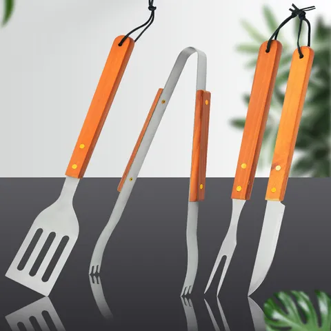 Stainless Steel BBQ Grill Tongs Spatula Meat Fork Knife Wood Handle Outdoor Cooking Barbecue Grilling Tools Accessories