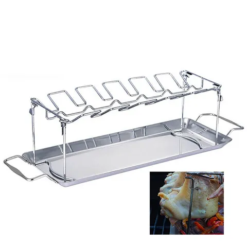 Stainless Steel Folding Chicken Leg Wing Rack With Drip Tray For Outdoor BBQ Grill Oven Roaster Rack Barbecue Tool