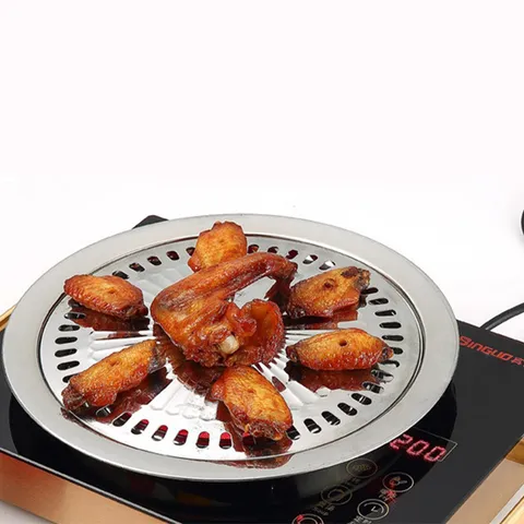 Sartén Redonda Coreana para Barbacoa Bandeja de Asado Antiadherente de Acero Inoxidable Placa de Parrilla Portátil para Estufas Eléctricas