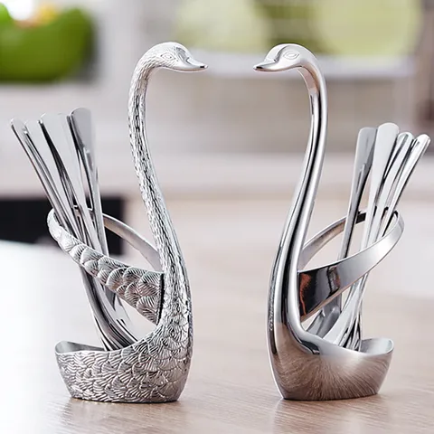 Modern Stainless Steel Swan Cutlery Base Creative Zinc Alloy Table Ornament For Dessert Spoon Fruit Fork Organizer Home Decor