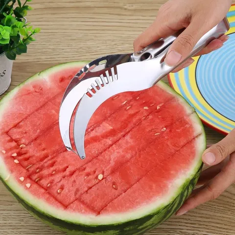 Stainless Steel Watermelon Slicer Multi-Functional Melon Cutter Fruit Dicer Tongs Ergonomic Kitchen Fruit Corer Puller Tool