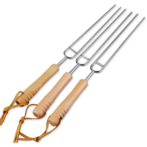 Stainless Steel BBQ Grilling Fork U Shaped Wooden Handle Outdoor Camping Skewer Metal Meat Roasting Stick Tool