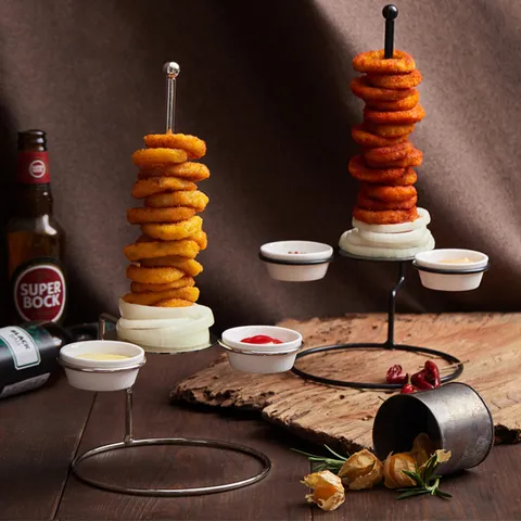 Creative Stainless Steel Onion Ring Tower Stand With Ceramic Dipping Bowls For Restaurant Bar Squid Donut Display Rack