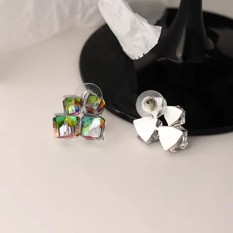 3D Cubic Rhinestone Stud Earrings With 925 Sterling Silver Earring Post Alloy Geometric Sugar Cube Earrings For Women Jewelry Gift