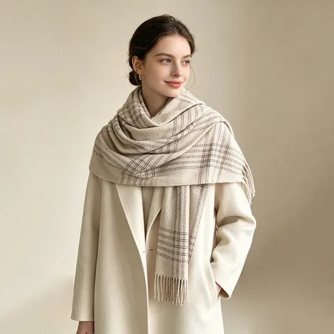 Écharpe à Carreaux Rétro Pour Femmes Automne Hiver Châle Chaud En Imitation Cachemire Avec Pompons Écharpe Douce Pour Étudiants