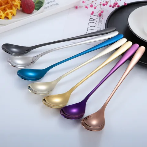Cuchara de Mango Largo Estilo Coreano de Acero Inoxidable 304 Chapado en Titanio Dorado Cuchara para Hielo Creativa Cuchara Mezcladora de Café y Postre