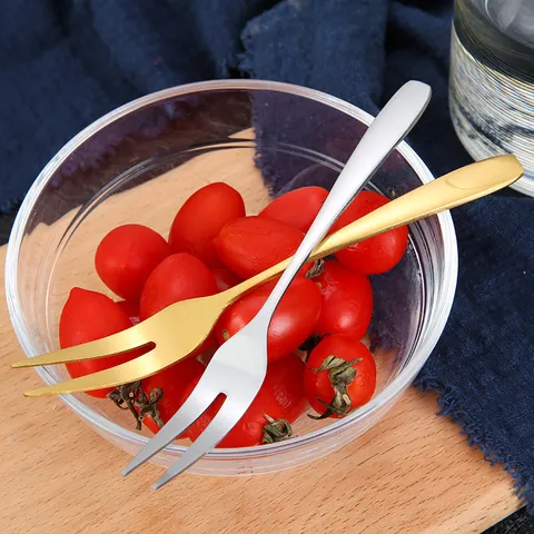Stainless Steel Fruit Fork Two Prong Dessert Fork Mirror Polished Small Appetizer Fork Gold Silver Black Rose Gold Rainbow