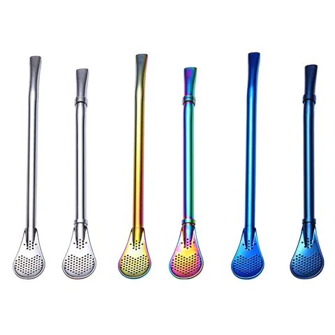 304 Stainless Steel Filter Straw Spoon Reusable Creative Coffee Milk Tea Stirring Straw Drinking Accessories Mirror Polished Multi Color