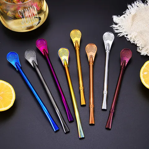 304 Stainless Steel Filter Straw Spoon Reusable Creative Coffee Milk Tea Stirring Straw Drinking Accessories Mirror Polished Multi Color