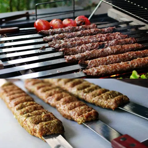 Große Edelstahl Grillspieße Mit Palisandergriff Flache Grillspieße Für Fleisch Lamm Grillen Outdoor BBQ Werkzeuge