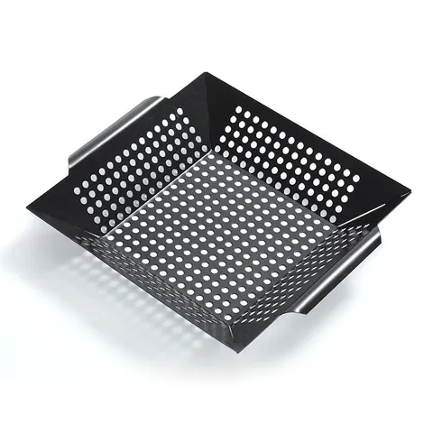 Stainless Steel Square BBQ Grilling Basket With Handles Perforated Vegetable Grill Pan For Outdoor Camping Kitchen Tool