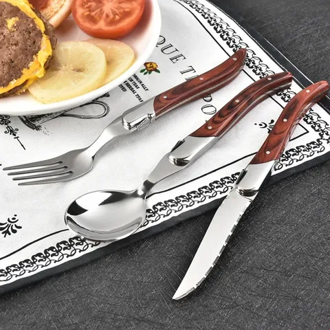 Premium Stainless Steel Western Flatware With Vintage Bee Decor Natural Pakkawood Handle Mirror Polished Dining Steak Knife Fork Spoon