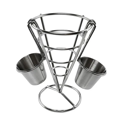 Stainless Steel French Fries Stand Cone Shaped Snack Display Rack Electroplated Fried Chicken Basket With Sauce Cup Buffet Restaurant Tools