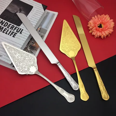 Stainless Steel Wedding Cake Knife And Server Set Vintage Floral Embossed Electroplated Mirror Polished Cake Cutting Tools For Wedding Birthday Party