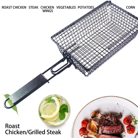 Non-Stick BBQ Grill Basket Iron Roast Chicken Net With Foldable Wooden Handle Portable Outdoor Grilling Accessories For Meat Vegetable