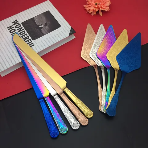 Stainless Steel Wedding Cake Knife And Server Set Vintage Floral Embossed Electroplated Mirror Polished Cake Cutting Tools For Wedding Birthday Party