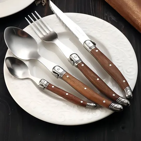 Laguiole Style Stainless Steel Rosewood Handle Cutlery Dinnerware Steak Knife Fork Soup Spoon Teaspoon Vintage French Tableware