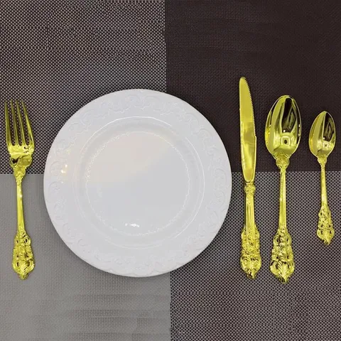 Baroque Royal Vintage Gold Silver Tableware Set Zinc Alloy Embossed Mirror Polished Flatware Set For Wedding Christmas Banquet Restaurant Dining Knife Fork Spoon Set
