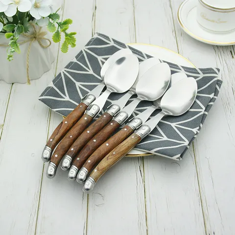 Laguiole Style Rosewood Handle Stainless Steel Western Dining Spoon Mirror Polished Dessert Coffee Tea Spoon Home Kitchen