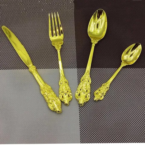 Baroque Royal Vintage Gold Silver Tableware Set Zinc Alloy Embossed Mirror Polished Flatware Set For Wedding Christmas Banquet Restaurant Dining Knife Fork Spoon Set