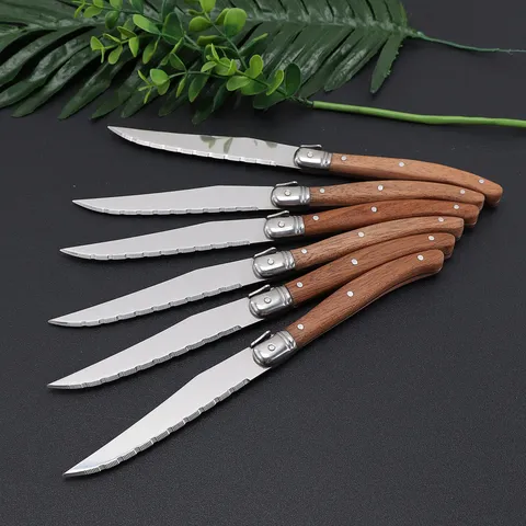 Stainless Steel Steak Knife With Sapele Wood Handle Serrated Blade Vintage European Style Dinnerware For Restaurant Daily Kitchen Tableware