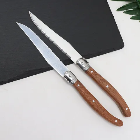 Stainless Steel Steak Knife With Sapele Wood Handle Serrated Blade Vintage European Style Dinnerware For Restaurant Daily Kitchen Tableware