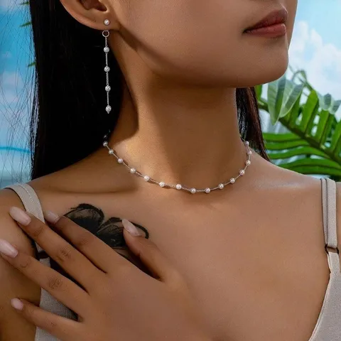 Elegante Set di Gioielli in Lega e Perle Artificiali Collana Bracciale Orecchini per Donna Gioielli Minimalisti Moda Festa Matrimonio