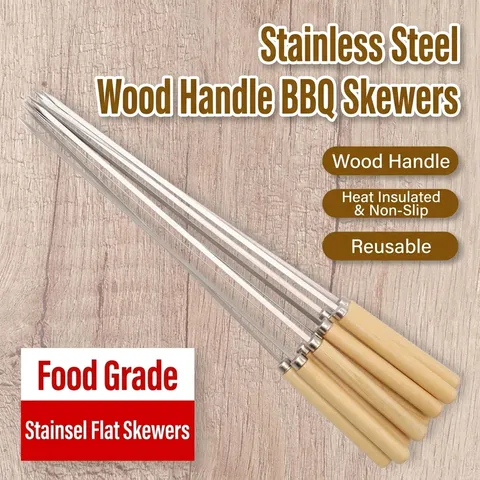 Stainless Steel BBQ Skewers With Wood Handle Long Meat Kabob Grill Needles Reusable Heat Resistant Barbecue Tool