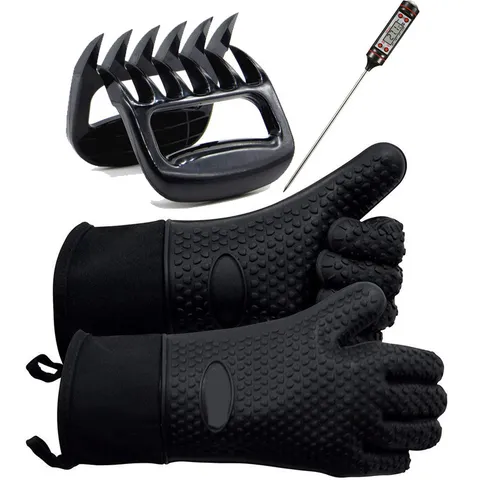 Silicone BBQ Heat Resistant Gloves Set With Meat Shredder Claws And Digital Meat Thermometer Grilling Tool For Cooking Baking Barbecue