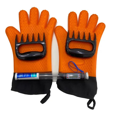 Silicone BBQ Heat Resistant Gloves Set With Meat Shredder Claws And Digital Meat Thermometer Grilling Tool For Cooking Baking Barbecue