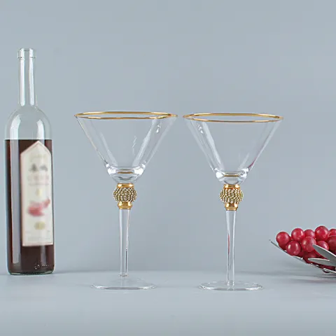 Bicchiere da Martini in Cristallo Vintage Bordo Dorato Bicchiere da Cocktail Con Stelo in Strass Calice di Lusso per Matrimonio Festa