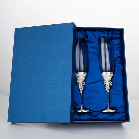 Flûtes à Champagne de Mariage avec Nœud Blanc en Cristal Verre de Toast Avec Perles et Strass Coffret Cadeau Set