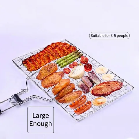 Portable Folding Iron BBQ Grill Mesh Basket Removable Wood Handle Square Fish Meat Grilling Clip Outdoor Cooking Tool
